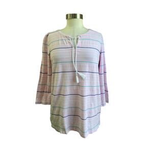 T by Talbots Striped Tunic Top Pink Bell Sleeve Tie Neck Size M Casual